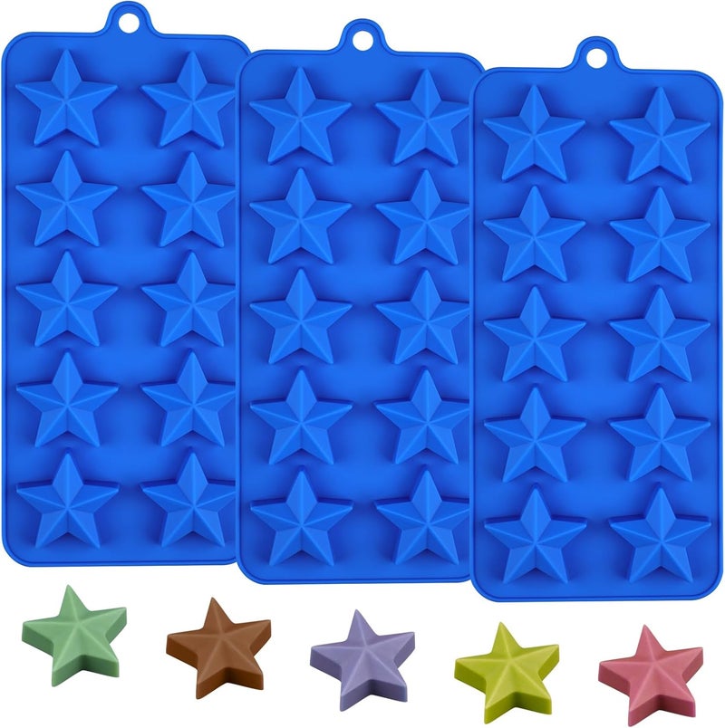 EDUEE Star Chocolate Molds 3pcs Silicone Star Candy Molds for Baking Ice Cube Resin Soap Jelly(Star Size 1.93in), Blue - Image 1